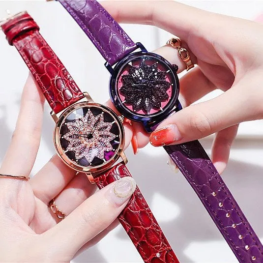 Women's Watch diamond flower petal pattern large dial leather quartz elegant watch