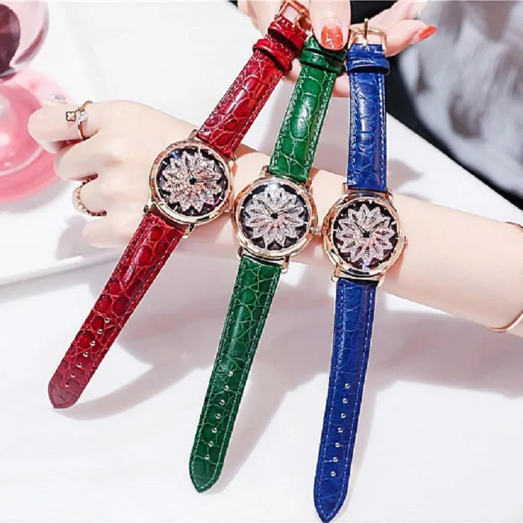 Women's Watch diamond flower petal pattern large dial leather quartz elegant watch