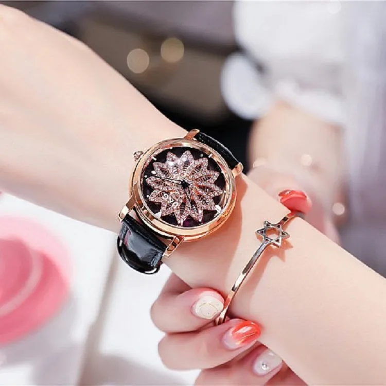 Women's Watch diamond flower petal pattern large dial leather quartz elegant watch