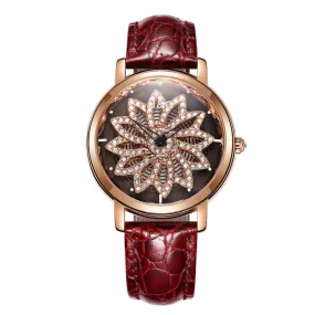 Women's Watch diamond flower petal pattern large dial leather quartz elegant watch