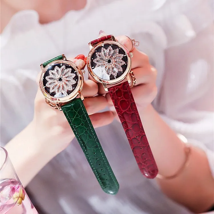 Women's Watch diamond flower petal pattern large dial leather quartz elegant watch