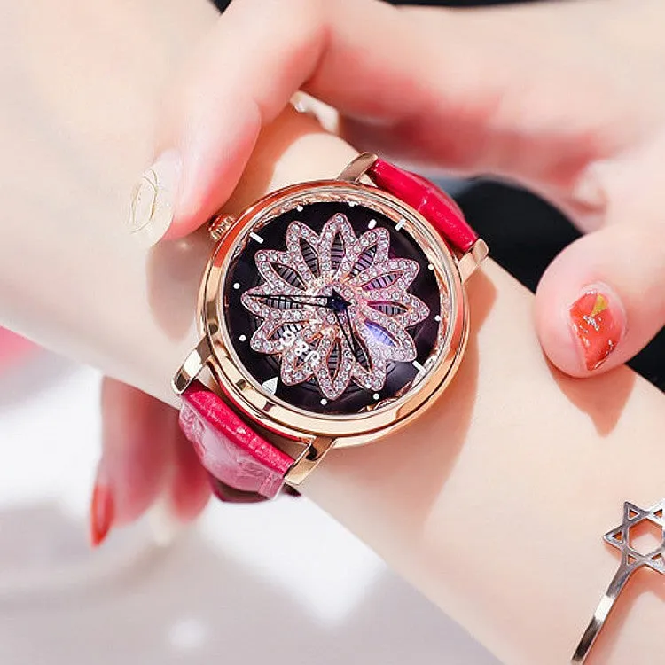 Women's Watch diamond flower petal pattern large dial leather quartz elegant watch