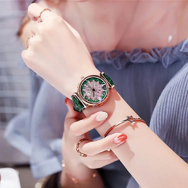 Women's Watch Rotatable Flower shape diamond Dial Leather Strap elegant watch