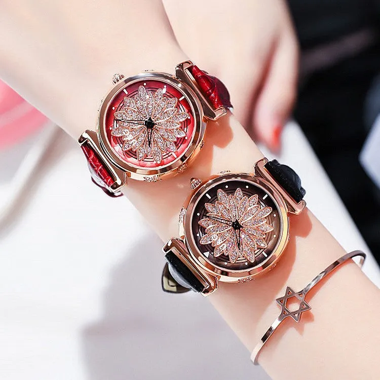 Women's Watch Rotatable Flower shape diamond Dial Leather Strap elegant watch