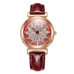 Women's Watch Rotatable Flower shape diamond Dial Leather Strap elegant watch