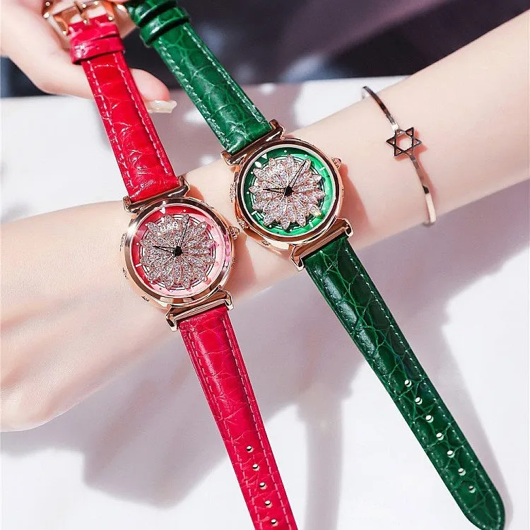 Women's Watch Rotatable Flower shape diamond Dial Leather Strap elegant watch