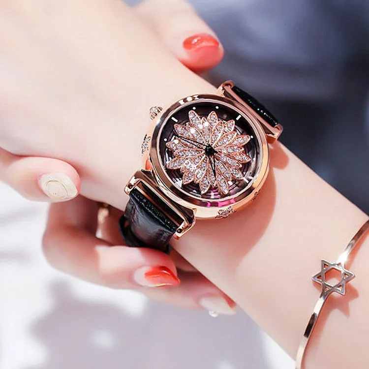 Women's Watch Rotatable Flower shape diamond Dial Leather Strap elegant watch