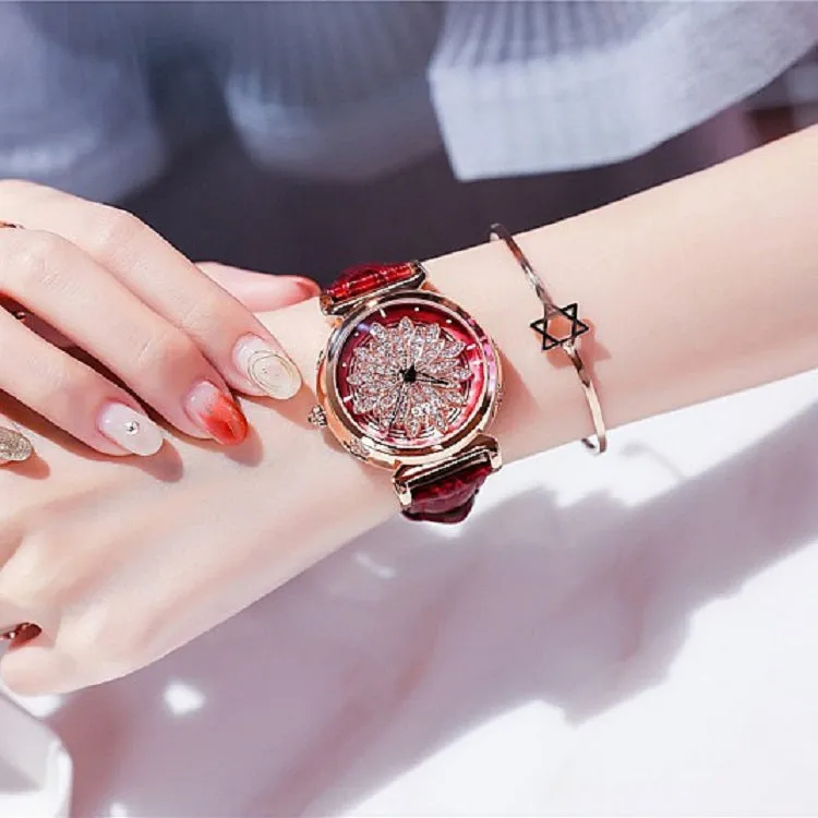 Women's Watch Rotatable Flower shape diamond Dial Leather Strap elegant watch