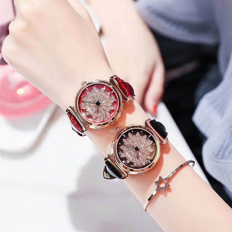 Women's Watch Rotatable Flower shape diamond Dial Leather Strap elegant watch