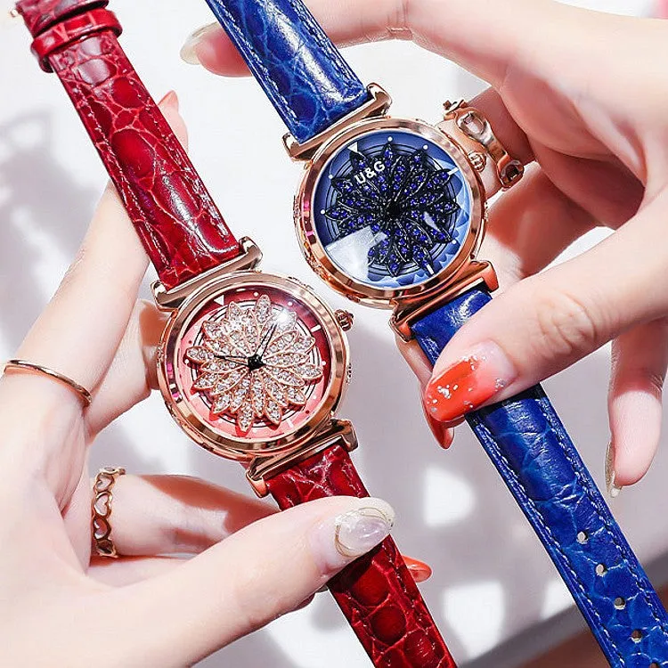 Women's Watch Rotatable Flower shape diamond Dial Leather Strap elegant watch