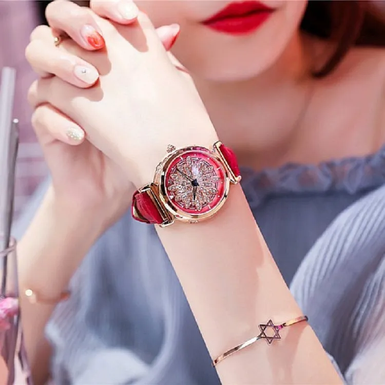 Women's Watch Rotatable Flower shape diamond Dial Leather Strap elegant watch