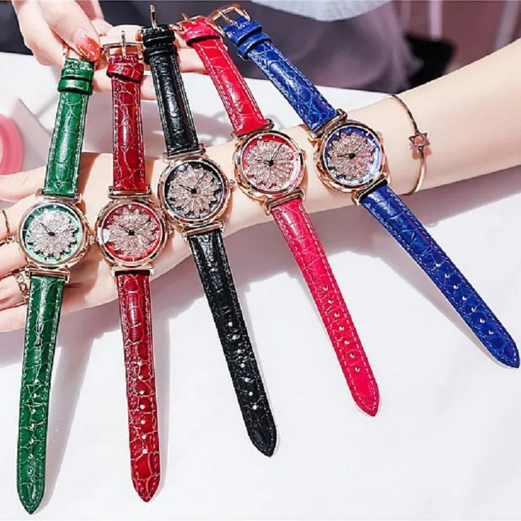 Women's Watch Rotatable Flower shape diamond Dial Leather Strap elegant watch