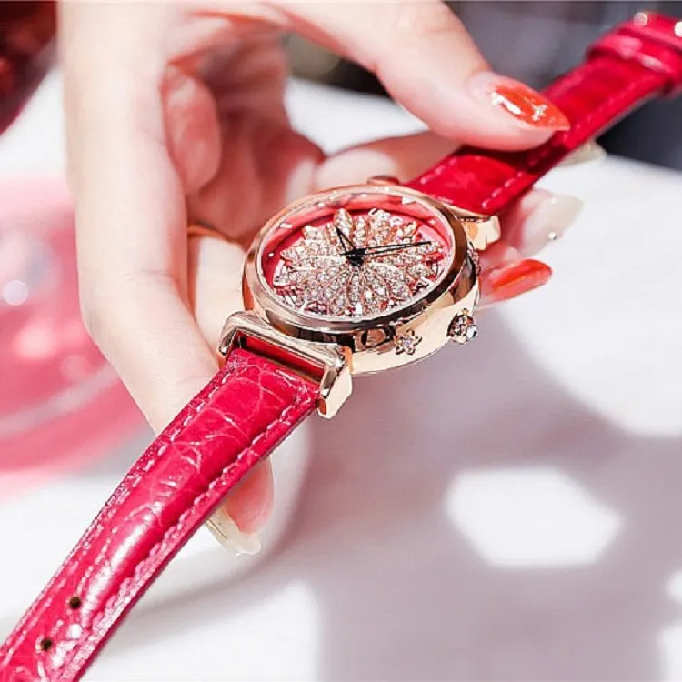 Women's Watch Rotatable Flower shape diamond Dial Leather Strap elegant watch