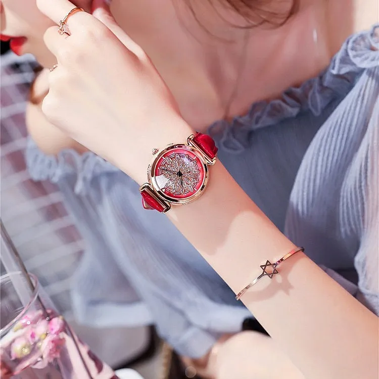 Women's Watch Rotatable Flower shape diamond Dial Leather Strap elegant watch