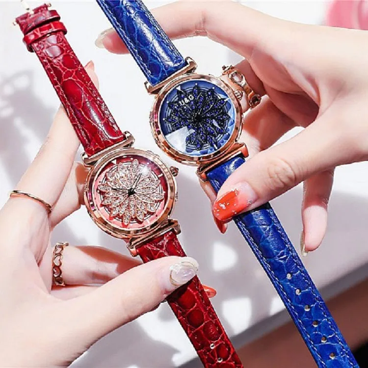 Women's Watch Rotatable Flower shape diamond Dial Leather Strap elegant watch