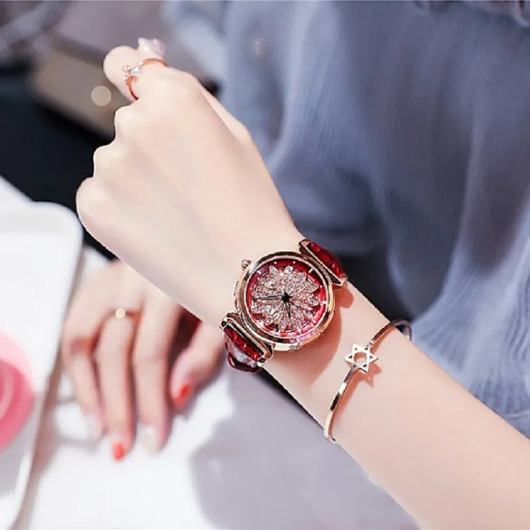 Women's Watch Rotatable Flower shape diamond Dial Leather Strap elegant watch