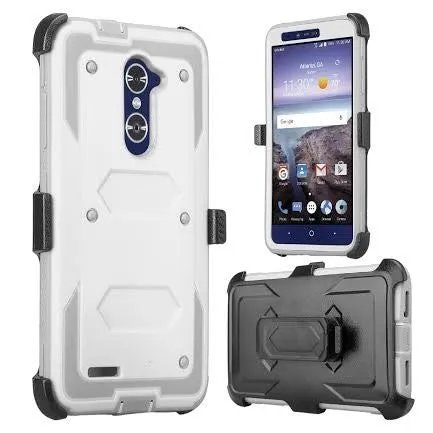 ZTE Z Max Pro Case, Blade X Max, ZTE Carry, ZTE Grand X Max 2 Case, Imperial Max Case [Built-in Screen Protector] Heavy Duty Belt Clip Holster / Rugged Triple Layer Protection - White