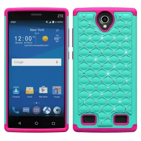 ZTE ZMAX 2 | Z958 Rhinestone Case , Slim Hybrid Dual Layer[Shock Resistant] Crystal Rhinestone Studded Case Cover - Teal/Hot Pink